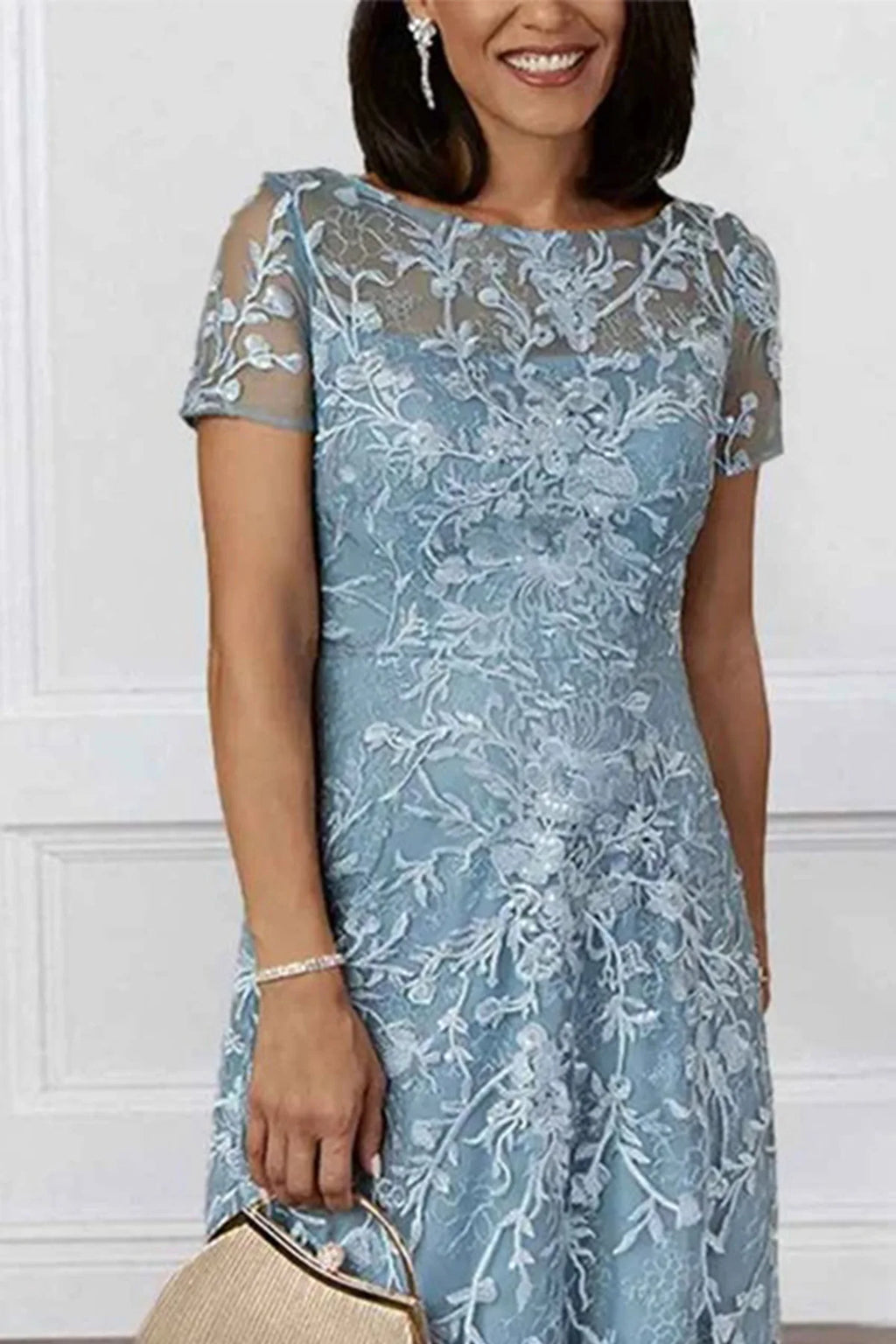 Boat Neck Floral Lace Floor Length Mother of the Bride Dress with Short Sleeves