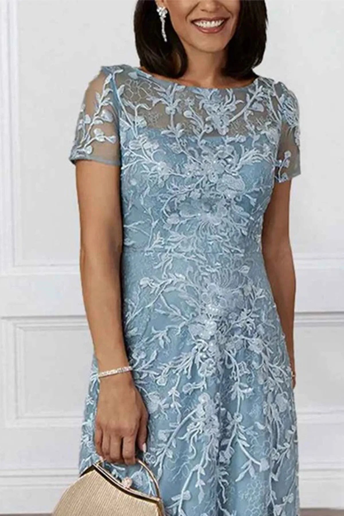 Boat Neck Floral Lace Floor Length Mother of the Bride Dress with Short Sleeves