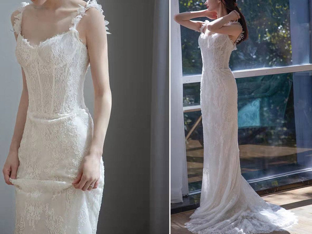 French Style Sheath Lace Fishtail Bridal Wear Wedding Dresses with Straps - promboutiqueonline