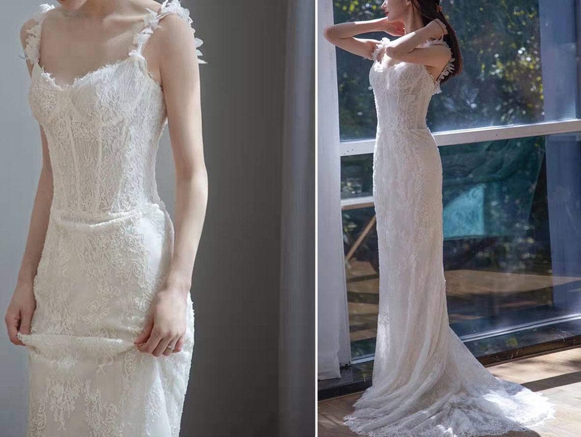 French Style Sheath Lace Fishtail Bridal Wear Wedding Dresses with Straps - promboutiqueonline