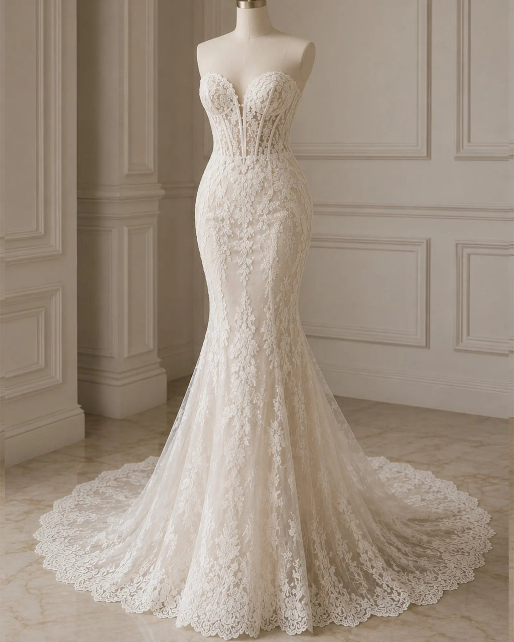 elegant ivory mermaid wedding dress with chapel train