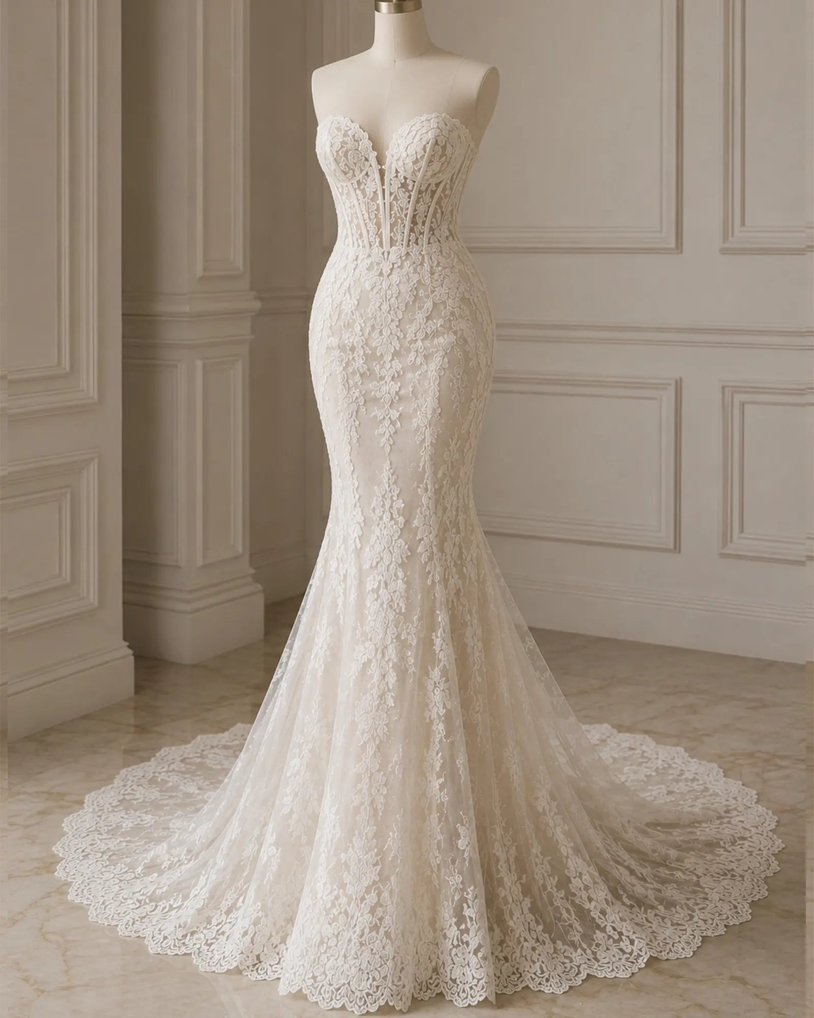elegant ivory mermaid wedding dress with chapel train