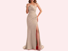 Load image into Gallery viewer, Taupe Satin Ruched Mermaid Mother of The Bride and Groom Dress