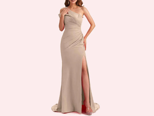 Taupe Satin Ruched Mermaid Mother of The Bride and Groom Dress