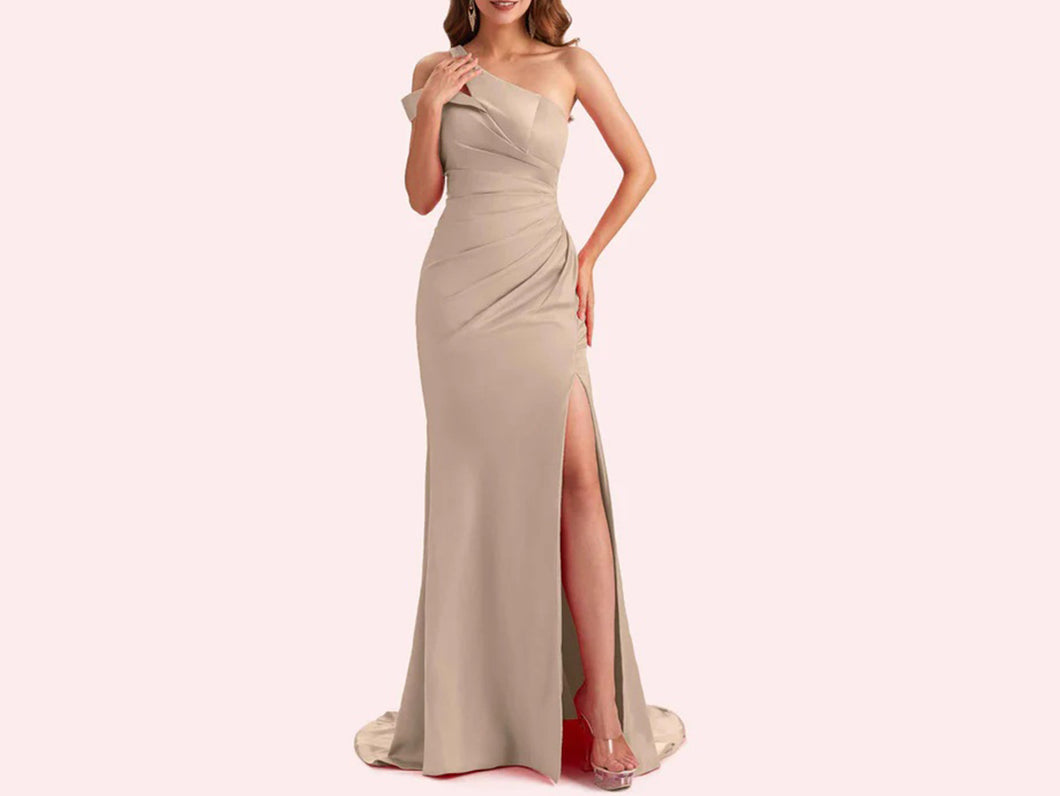 Taupe Satin Ruched Mermaid Mother of The Bride and Groom Dress