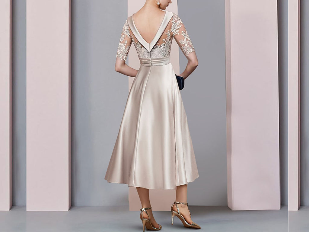 Champagne Mother of the Bride Dress with Half Sleeves - A-Line Tea Length Outfit