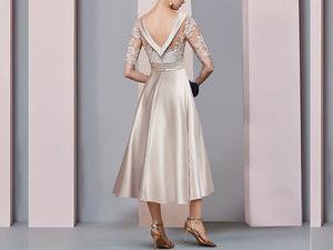 Champagne A-line Tea Length Mother of the Bride Dresses with Half Sleeves