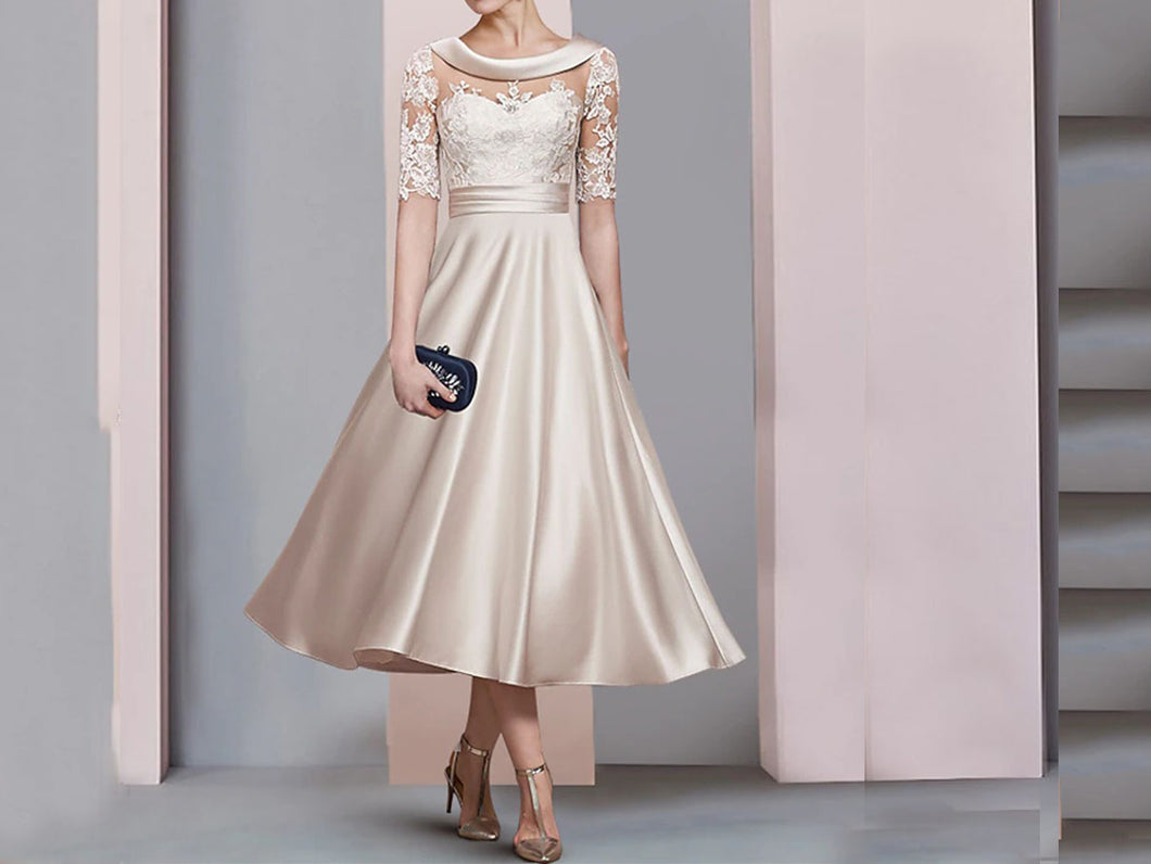 Champagne A-line Tea Length Mother of the Bride Dresses with Half Slee promboutiqueonline Champagne A-line Tea Length Mother of the Bride Dresses with Half Slee promboutiqueonline