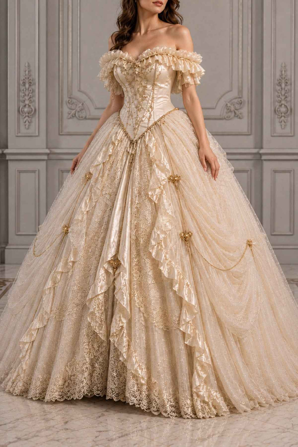 Champagne Off-Shoulder Corset Ball Gown Wedding Dress Vintage
