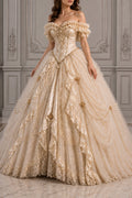 Bride wearing champagne off-shoulder corset ball gown wedding dress with gold embroidery, front view