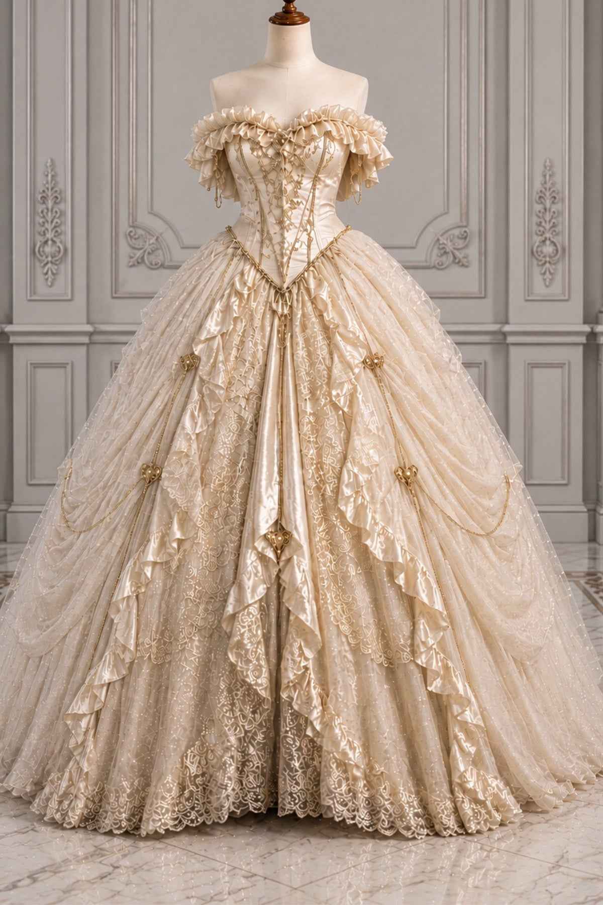 Champagne Off-Shoulder Corset Ball Gown Wedding Dress Vintage