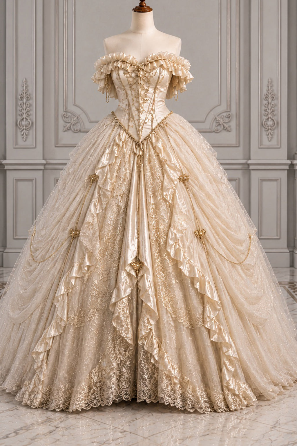 Champagne corset wedding gown front view with ruffled off-shoulder neckline and layered tulle skirt
