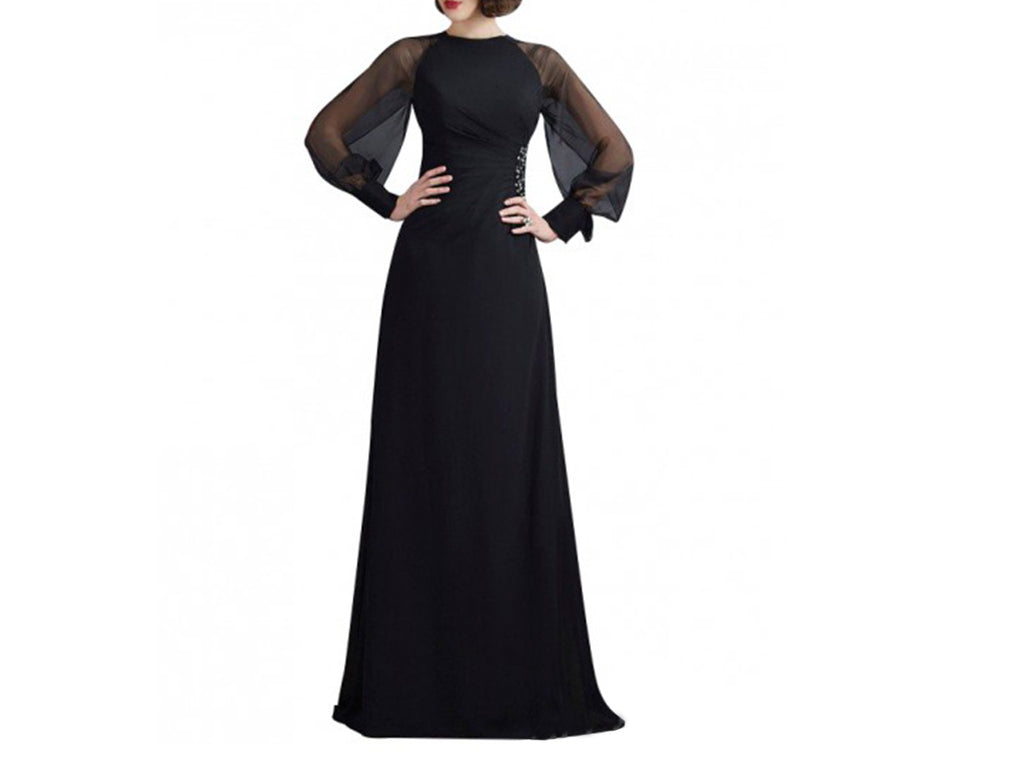 Vintage Mother of the Bride Dress with Ruched Long Design and Sheer Sleeves