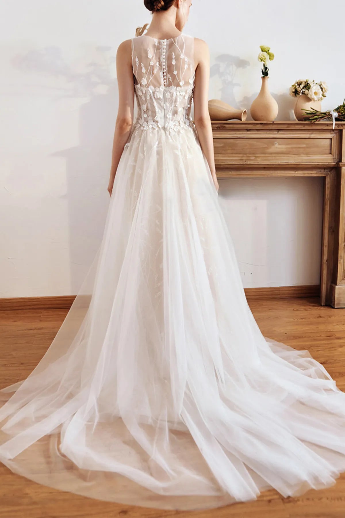 3D Floral Appliqué Plunging V-Neck A-Line Tulle Wedding Dress