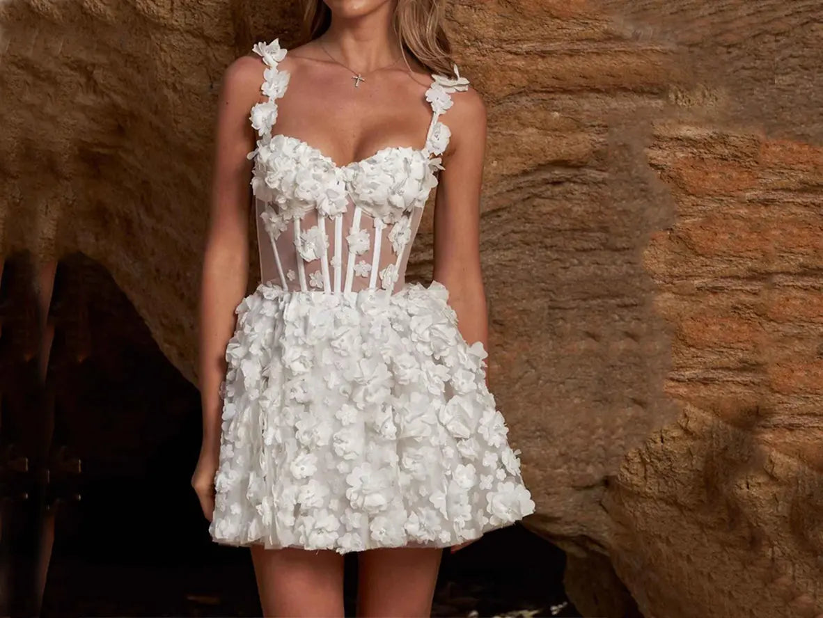 3D Floral Mini Wedding Dress with Sheer Bodice and Straps