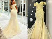 Load image into Gallery viewer, Yellow Off The Shoulder Fit and Flare Mermaid Prom Dress with Slit P688