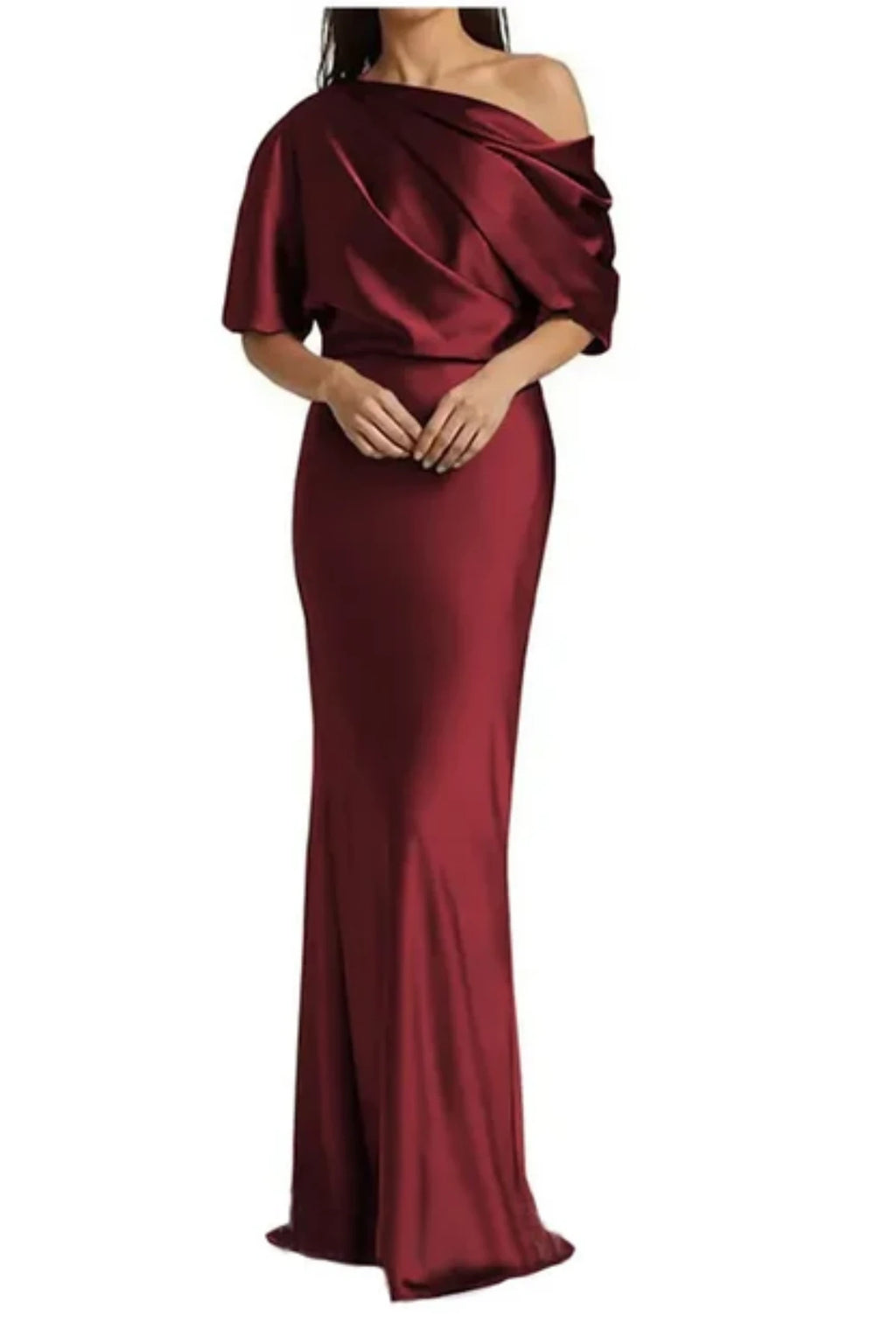 wine formal evening gown, showcasing the elegant cross-body fabric draping and single shoulder strap details