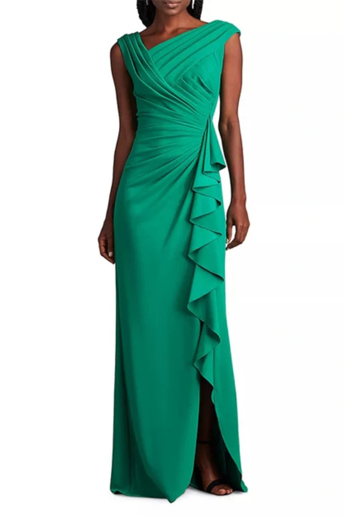 Green Asymmetric Draped Long Dress with Slit for MOB MOG - Elegant and Stylish Choice