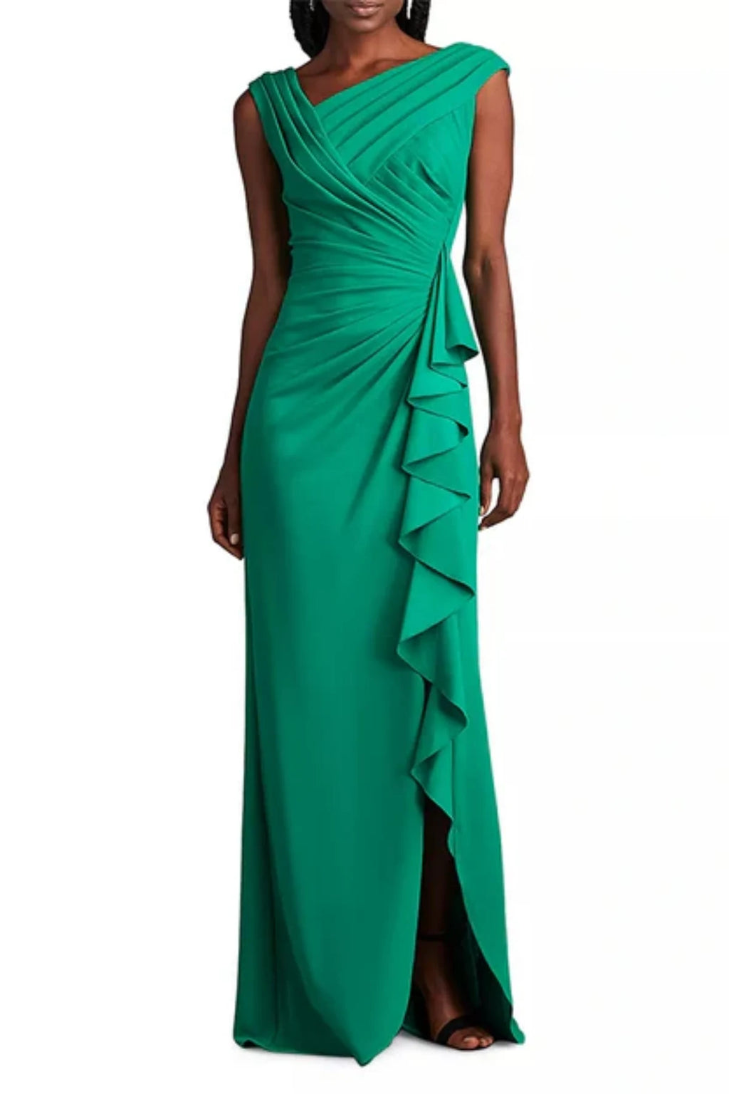 Full-length front view of a green satin mother of the bride dress on a model, showcasing an asymmetric pleated bodice and a floor-length skirt with a side slit