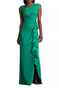 Full-length front view of a green satin mother of the bride dress on a model, showcasing an asymmetric pleated bodice and a floor-length skirt with a side slit