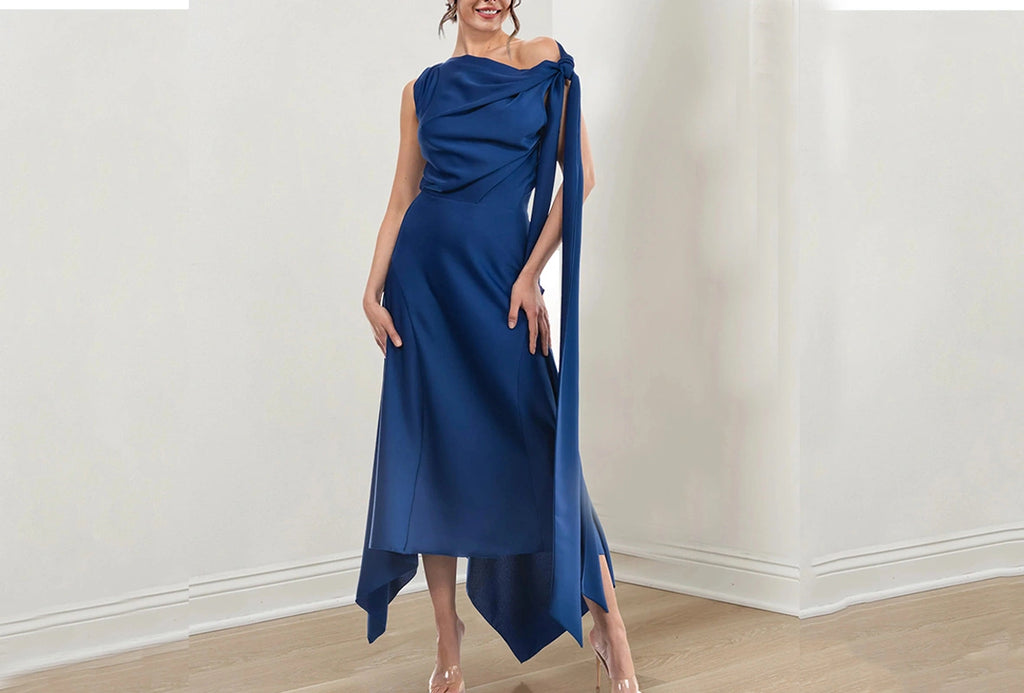 Asymmetric Navy Blue Mother of the Bride Dress with Jewel Neck