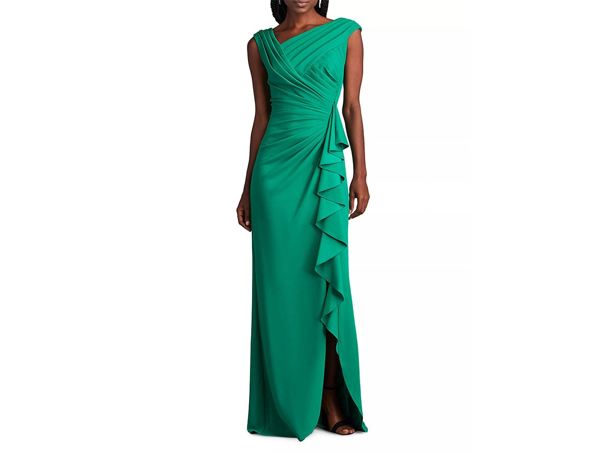 Green Asymmetric Draped Long Dress with Slit for MOB MOG - Elegant and Stylish Choice