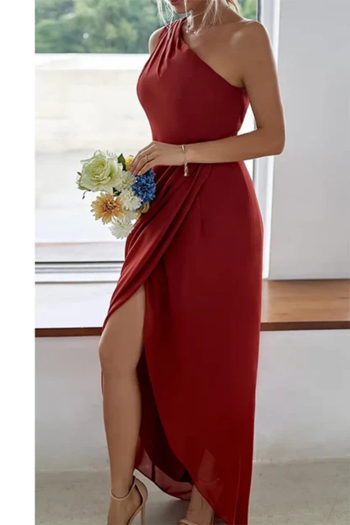 Rust Red One Shoulder Bridesmaid Dress - Tulip Ruched Style P659