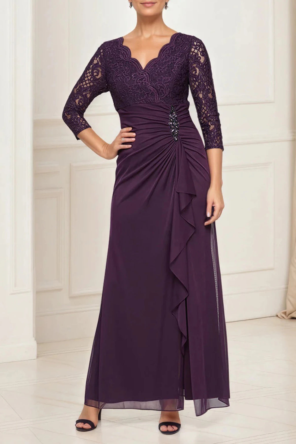 Aubergine Lace Mother of the Bride Dress with 3/4 Sleeves, Ruched Waist & Chiffon Skirt