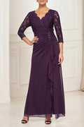 Aubergine Lace Mother of the Bride Dress with 3/4 Sleeves, Ruched Waist & Chiffon Skirt