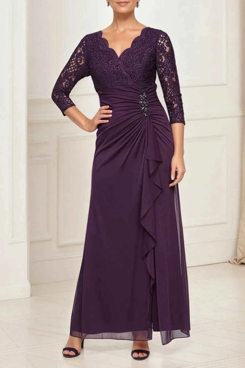 Aubergine Lace Mother of the Bride Dress with 3/4 Sleeves, Ruched Waist & Chiffon Skirt