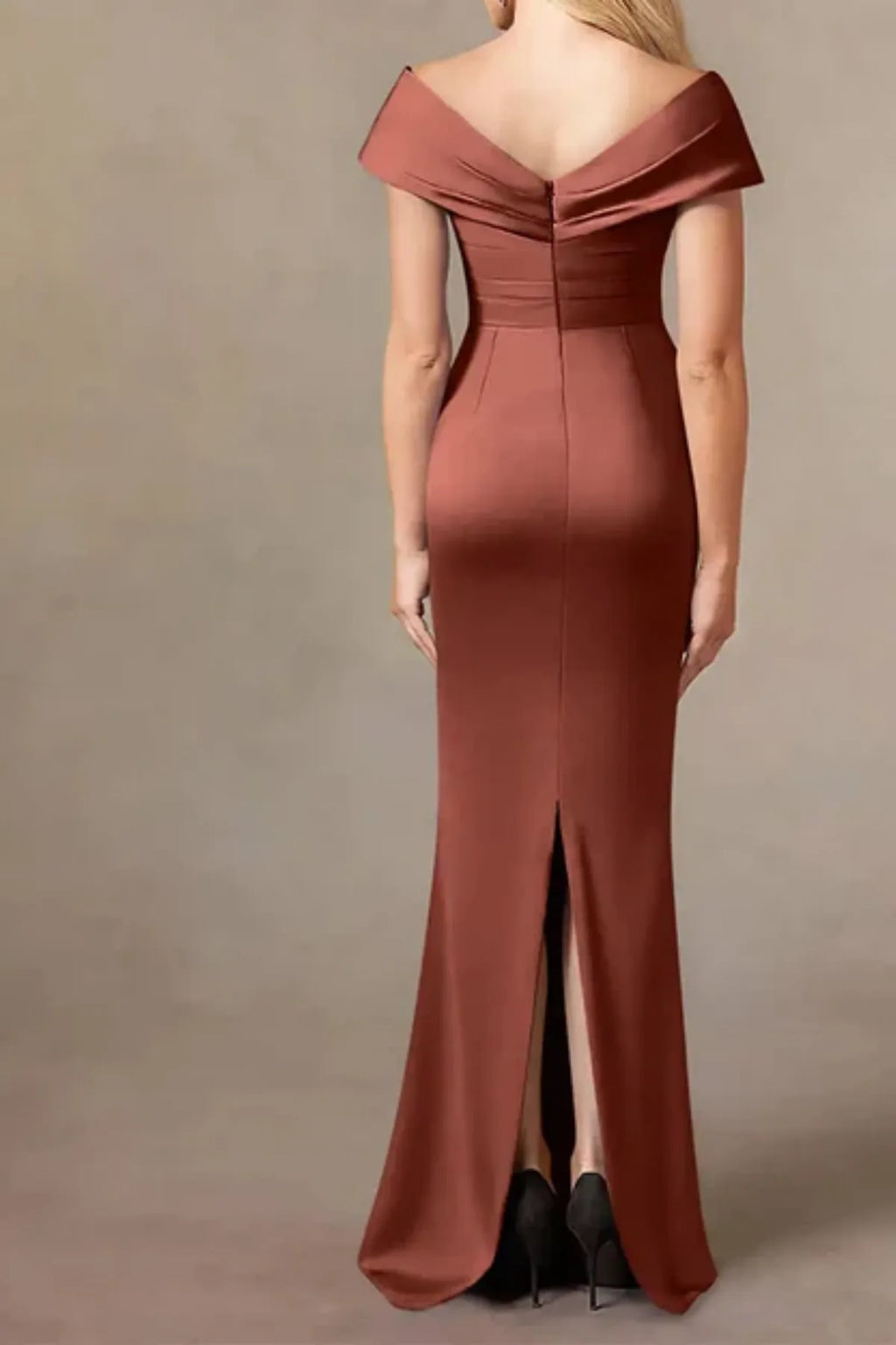 Full back view of an auburn satin mermaid formal gown, featuring a clean fitted back profile with a subtle walking slit at the center hemline