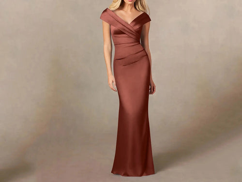 Auburn Satin Off The Shoulder Mother of The Bride Dress