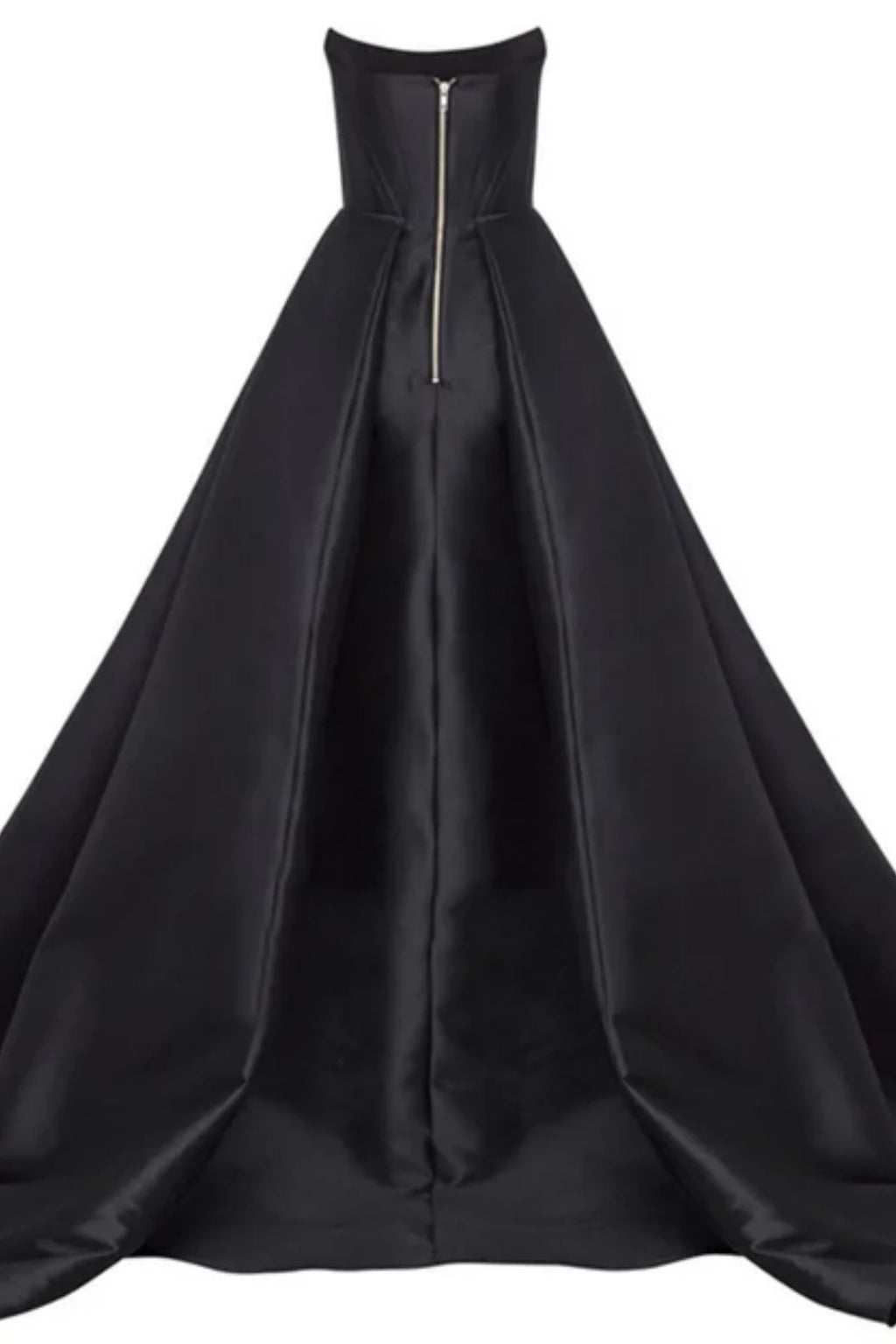 Rear studio view of the black satin evening gown showcasing a fitted corset back with a silver zipper closure and a dramatic, sweeping pleated train