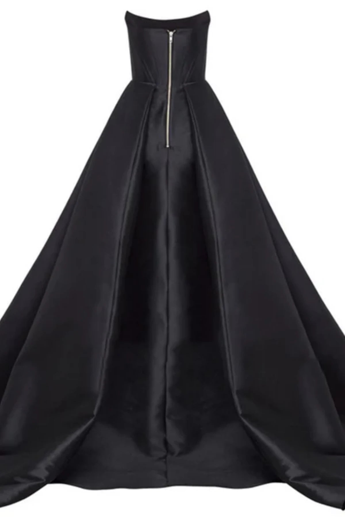Rear studio view of the black satin evening gown showcasing a fitted corset back with a silver zipper closure and a dramatic, sweeping pleated train