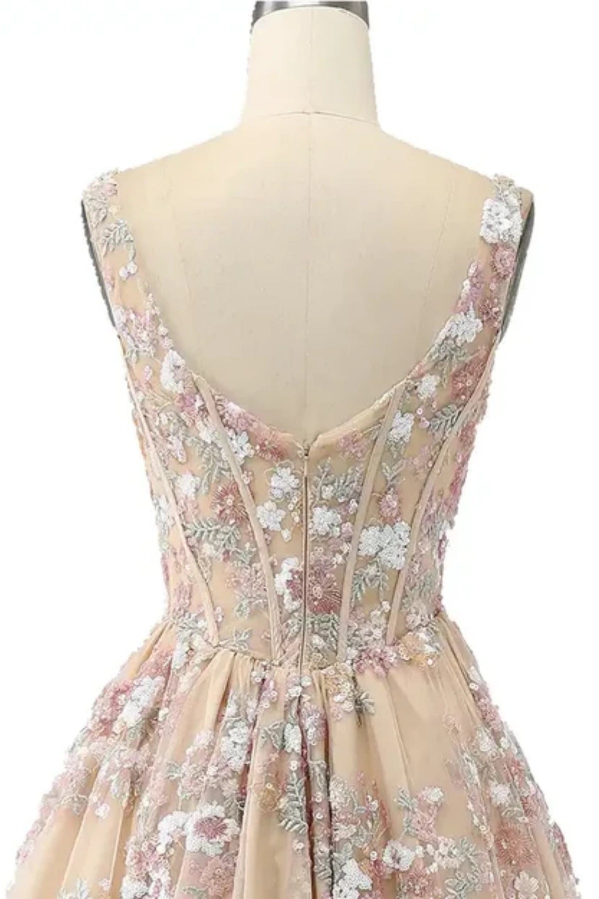 u shaped back details of bustier champagne prom gown 