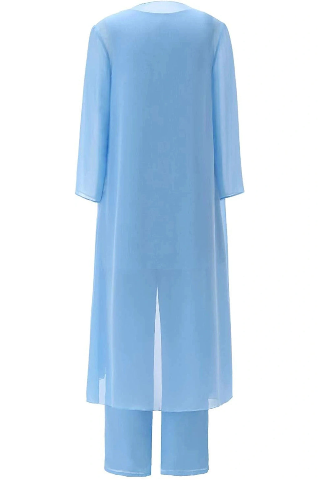back of the light blue chiffo pantsuit for mother of the bride and groom