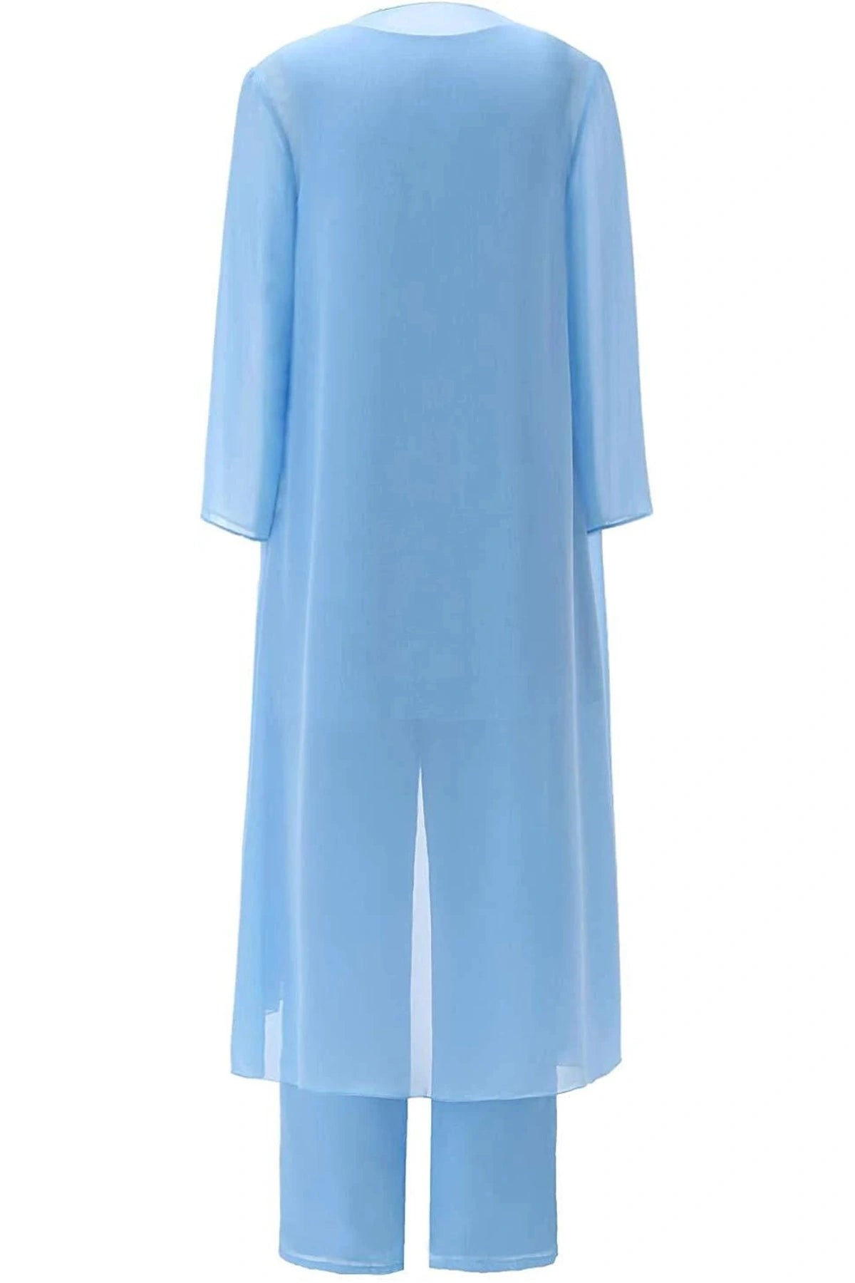back of the light blue chiffo pantsuit for mother of the bride and groom