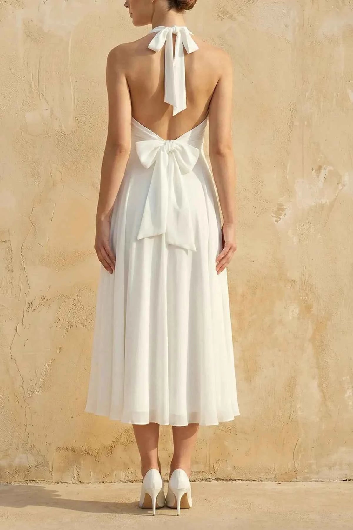 Retro Halter Bridal Gown - Pleated Tea-length A-Line Chiffon Wedding Dress with Keyhole Back