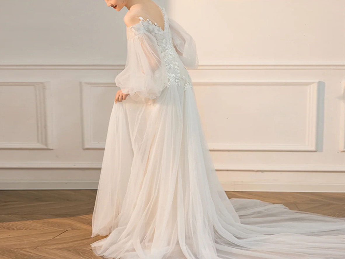 Fairy Cold Shoulder A-line Appliqued Tulle Wedding Dresses with Puffy Sleeves - promboutiqueonline
