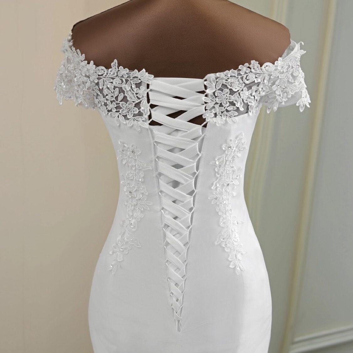 Appliqued mermaid off the shoulder lace wedding gowns with short sleeves - promboutiqueonline
