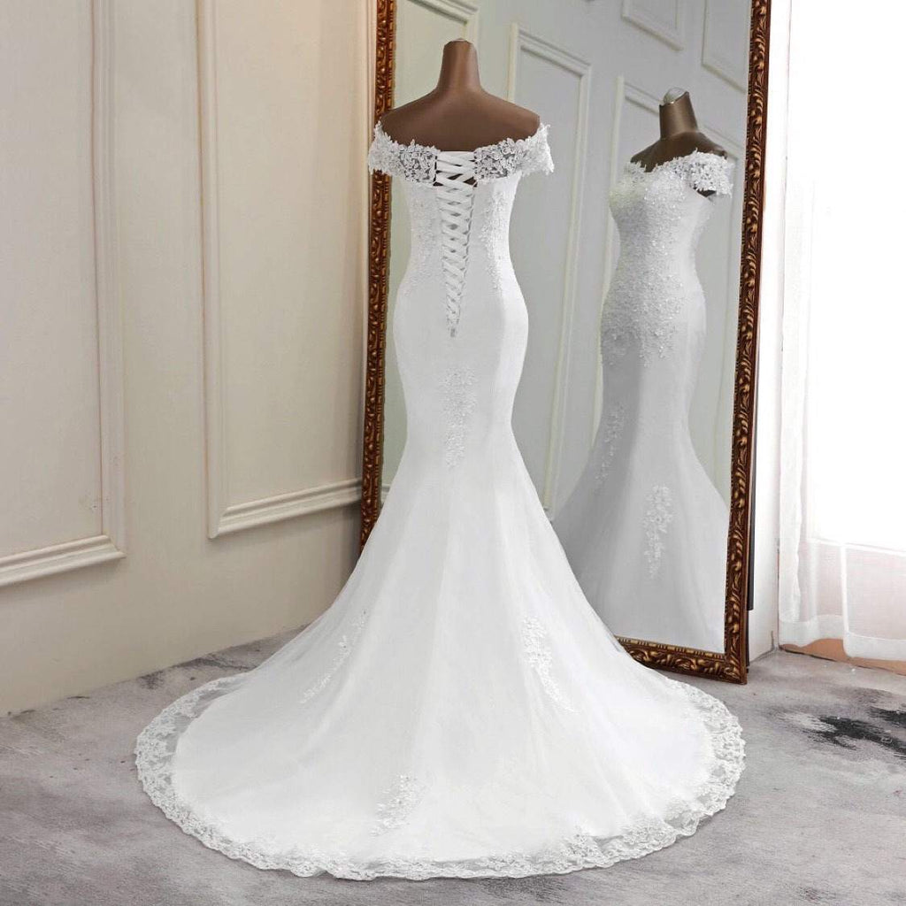 Appliqued mermaid off the shoulder lace wedding gowns with short sleeves - promboutiqueonline