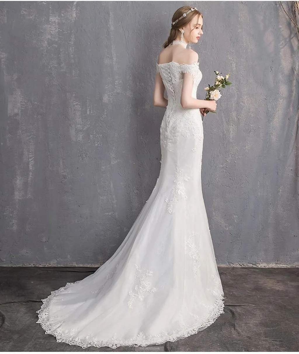 Off Shoulder Straight Neck Trumpet Wedding Dresses with Train - promboutiqueonline