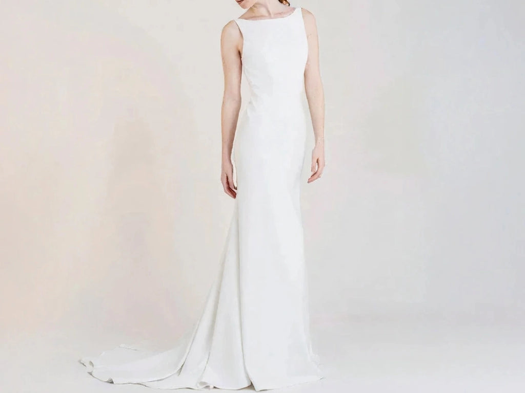 Boat Neck Sheath Wedding Dress with Big U Back P037 - Elegant Bridal Gown