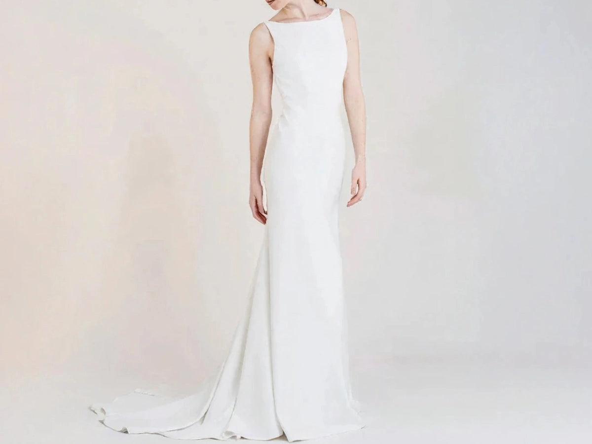 Boat Neck Sheath Wedding Dress with Big U Back P037 - Elegant Bridal Gown