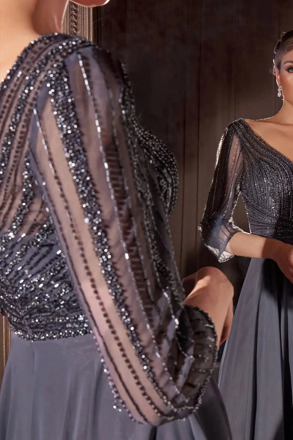 soft gray chiffon formal dress with beaded sheer 3/4 sleeves
