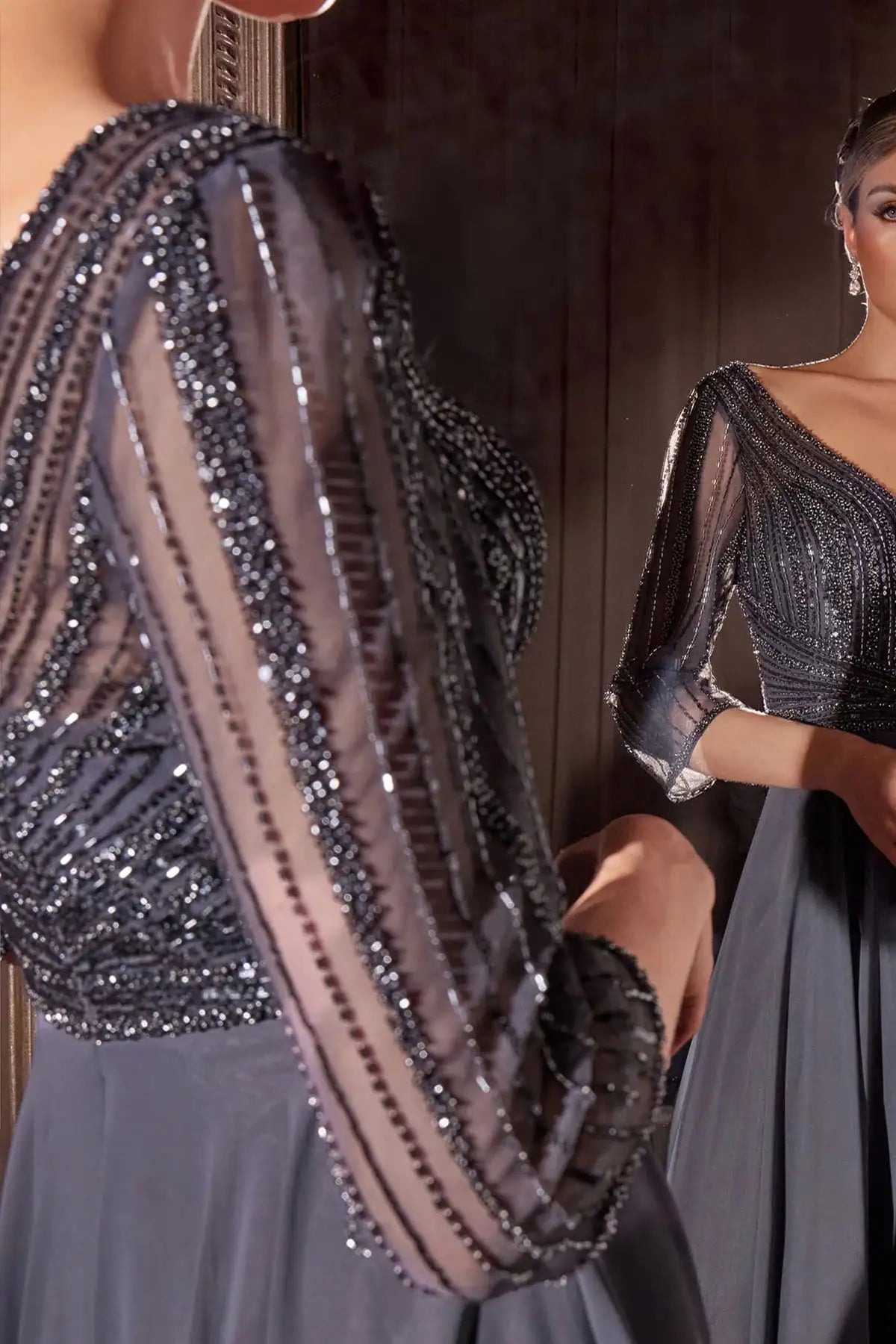 soft gray chiffon formal dress with beaded sheer 3/4 sleeves