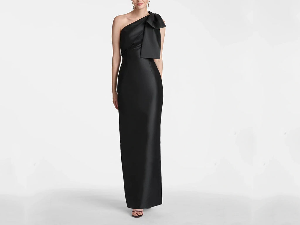 Black Satin Mother of the Bride Dress with One Shoulder and Bows P61