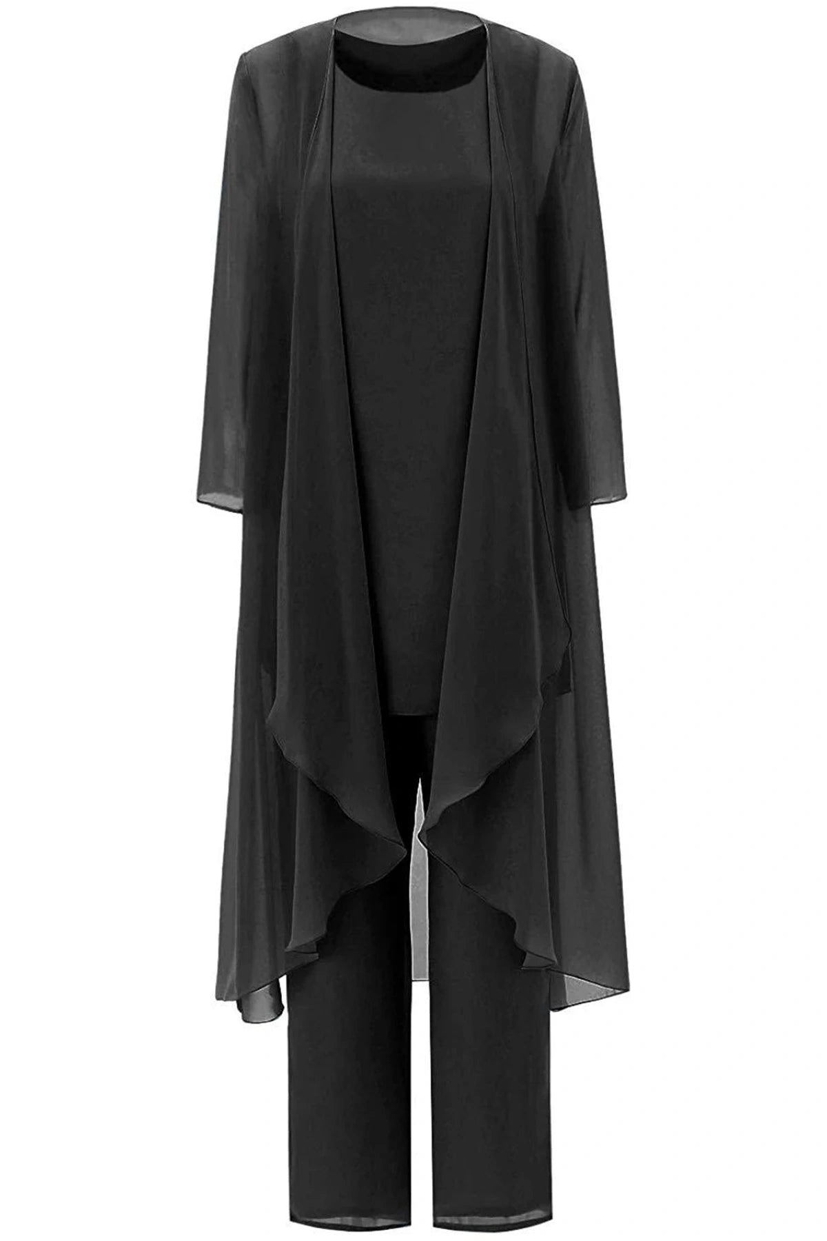 black chiffon 3pcs mother of the bride pantsuit with long loose fit jacket