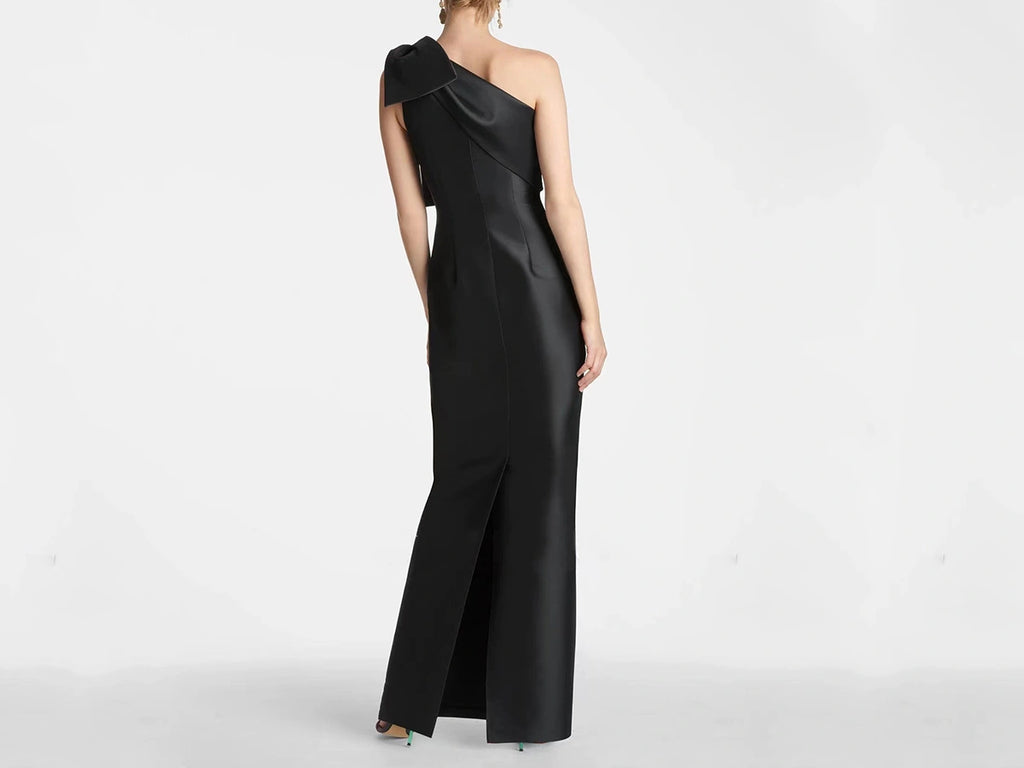 Black Satin Mother of the Bride Dress with One Shoulder and Bows P61