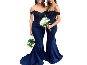 Navy Blue Off Shoulder Mermaid Bridesmaid Dresses